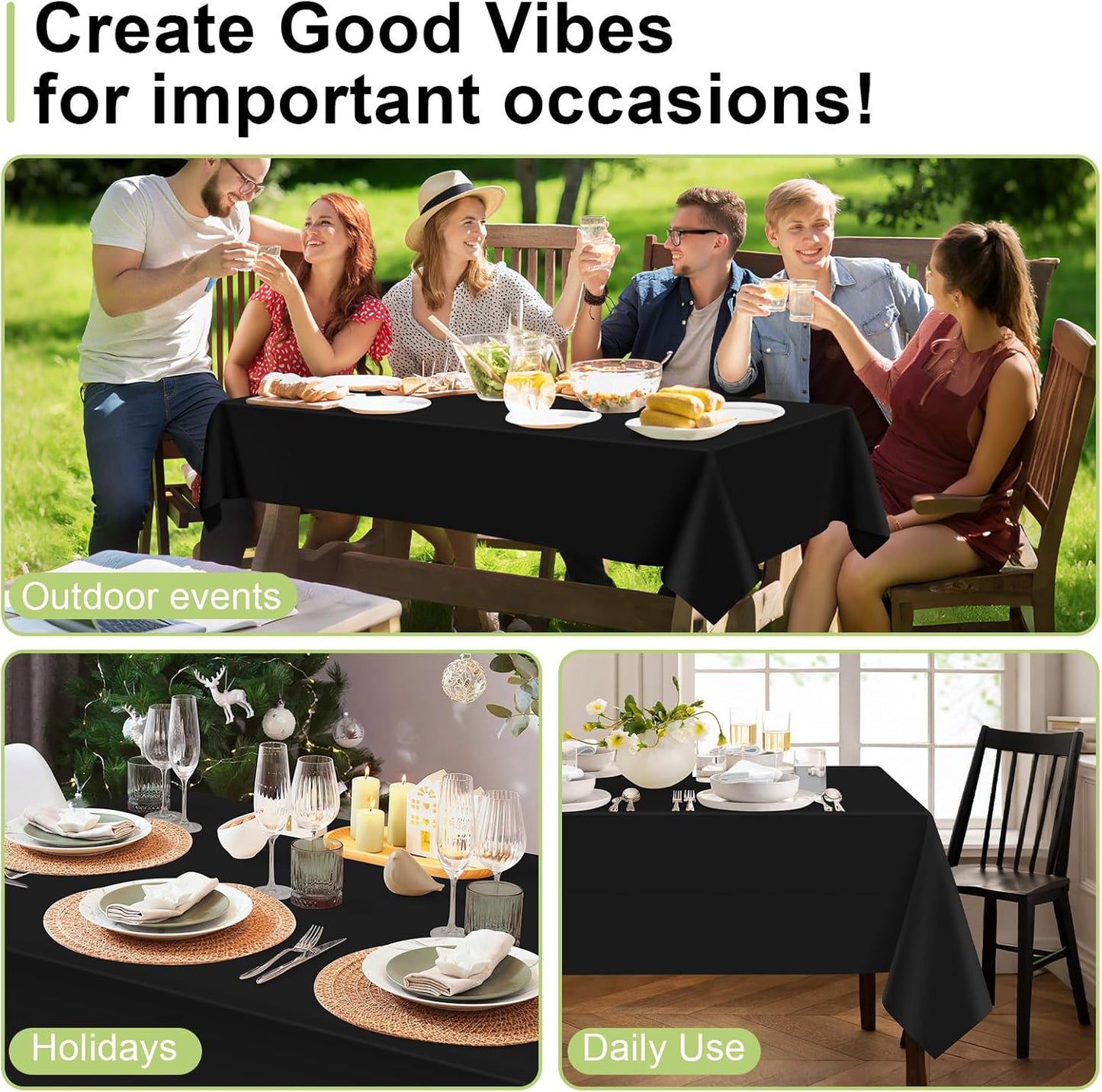 QIKSION Black Plastic Table Cloth Disposable 2 Pack, 54 x 108 Inch Tablecloths for Party, Graduation, Halloween Decorations, Rectangle Table Cover