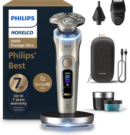 Philips Norelco Shaver i9000 Prestige - Wet & Dry Electric Shaver with SenseIQ Pro Technology | White Gold, Triple Lift & Cut System