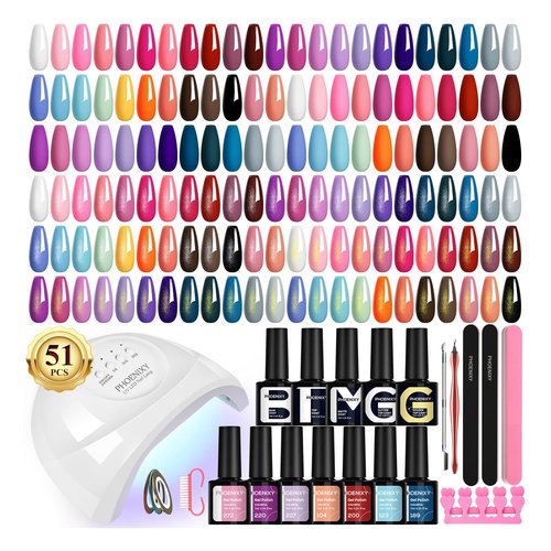 Phoenixy Gel Nail Polish Kit with UV Light, 51Pcs Gel Nail Kit 35 Colors Gel Polish 5Pcs Base Top Coat All-Inclusive Manicure Set for Beginners DIY Home Nail Art Gift for Women and Girls