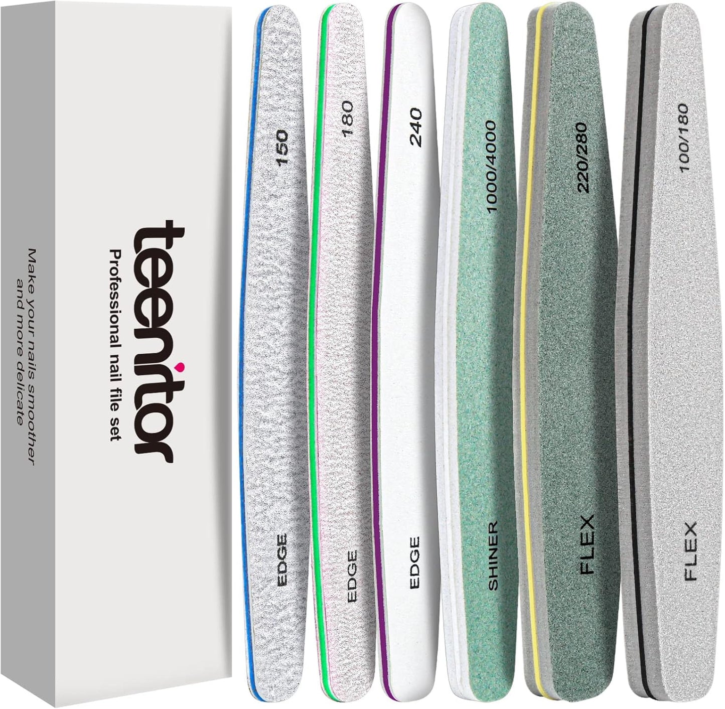 Teenitor Nail File Set - 6 Pcs Emery Boards & Buffers for Natural Nails | 100/180 Grit Nail Care Kit