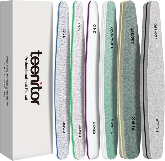 Teenitor Nail File Set - 6 Pcs Emery Boards & Buffers for Natural Nails | 100/180 Grit Nail Care Kit