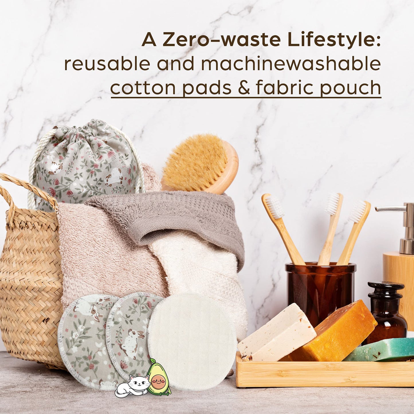Handmade by AVO - 8 Reusable Pads, Makeup Remover, Quilted Organic Cotton Rounds, Pads Facial Rounds Fabric Pouch Laundry Bag (Rabbit)