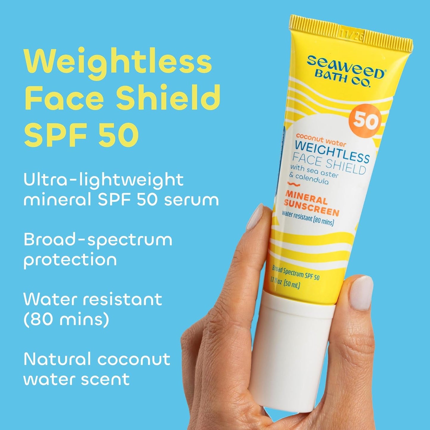 Seaweed Bath Co. Weightless Face Shield SPF 50 - Lightweight Mineral Sunscreen & Hydrating Serum 1.7 Oz