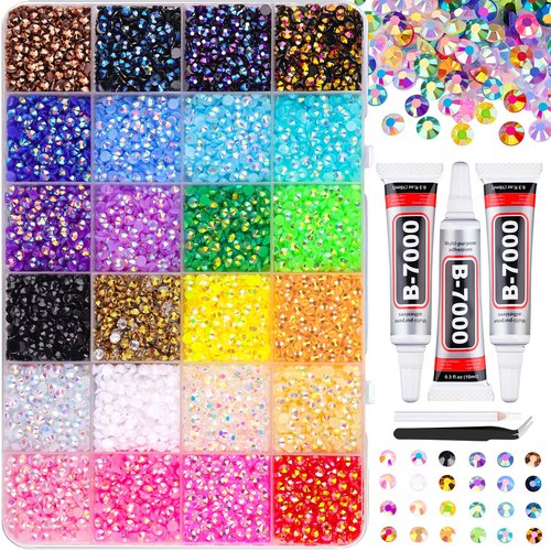 34000Pcs Resin Jelly Rhinestones for Bedazzling, Multicolor 3mm Flatback Gems for Diamond Art, Bedazzler Kit with 3Pcs 10ml B7000 Jewelry Glue for Nail Art Crafting Book Makeup