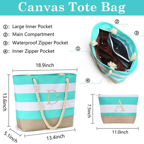 YOOLIFE Gifts for Women - Mothers Day Gifts, Birthday Gift for Women Teacher Bridesmaid Daughter Friend Personalized Beach Bag Initial Beach Tote & Cosmetic Bag A