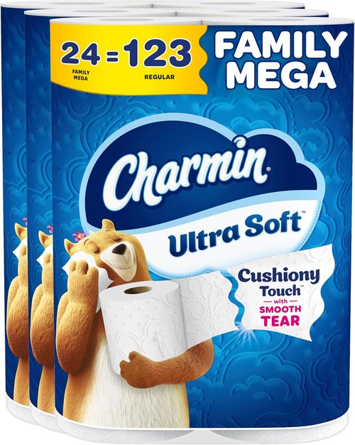 Charmin Ultra Soft Toilet Paper - Cushiony Touch, 24 Family Mega Rolls, White - 123 Regular Rolls