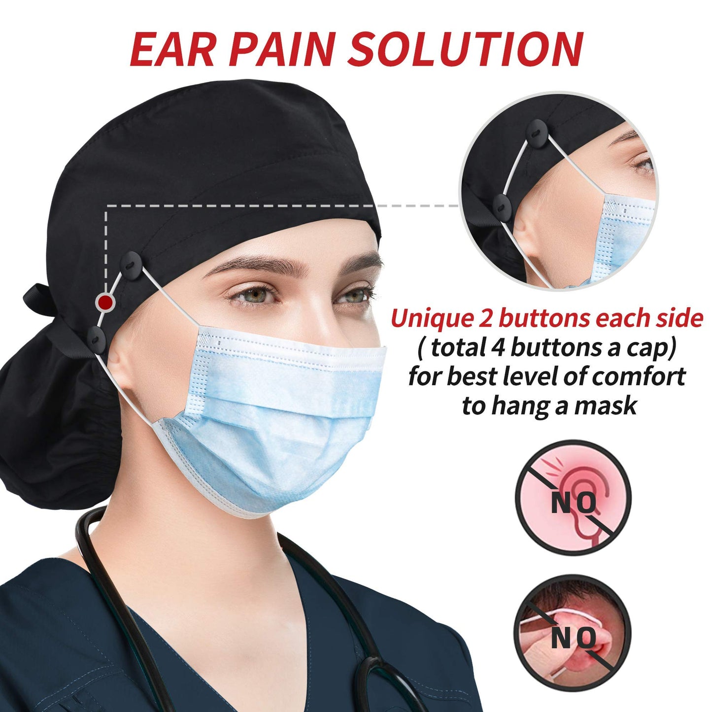 ABAMERICA Ponytail Scrub Caps for Women Surgical Caps Nurse Hat with Functional Ponytail Holder for Long Hair Satin-Lined