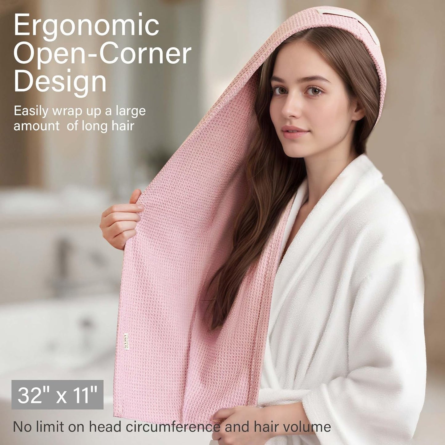 Skiennix Microfiber Hair Towel Wrap - Anti-Frizz Waffle Weave for Curly & Thick Hair | 32" x 11" (Pink & Grey)