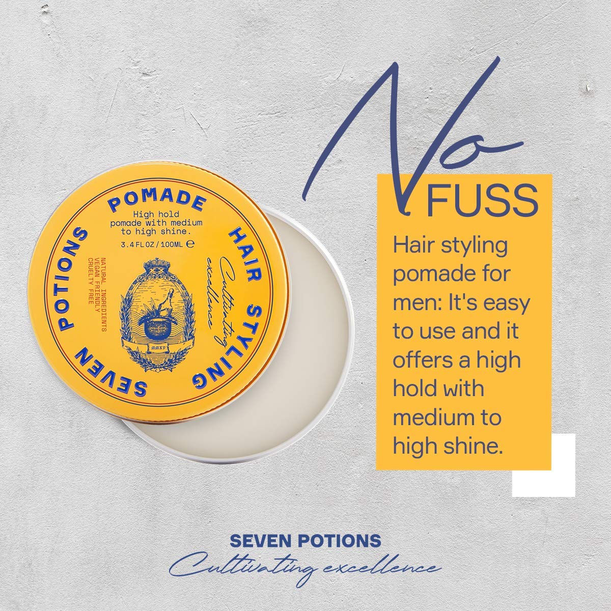 Seven Potions Men’s Hair Pomade - High Shine & Hold | Water-Based, Vegan & Cruelty-Free - 3.4 fl oz / 100ml