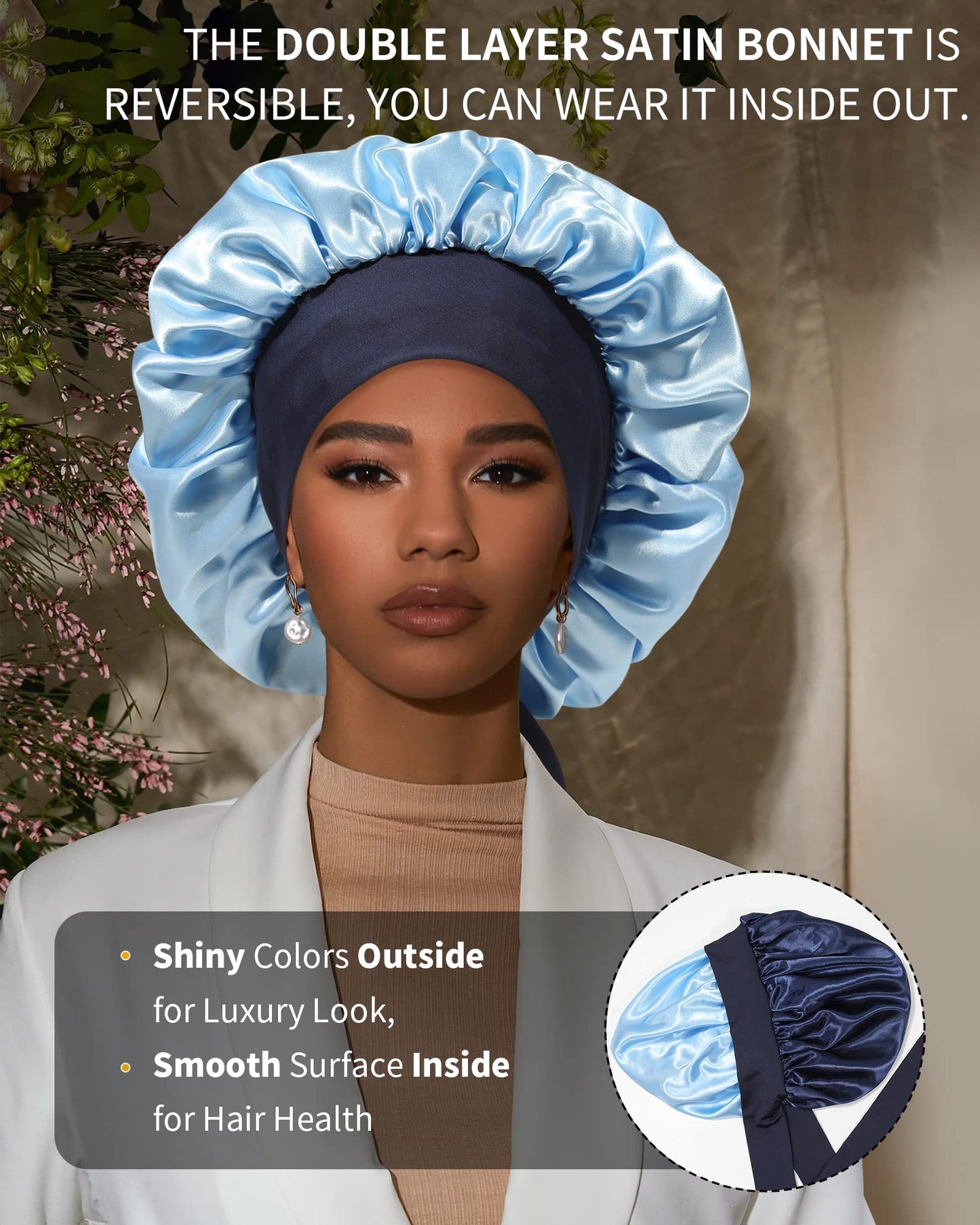 Satin Bonnet for Women Silk Bonnets for Sleeping Curly Hair Bonnet with Elastic Tie Band Reversible Double Layer Sleep Cap Hair Wrap (Navy Blue+Light Blue)