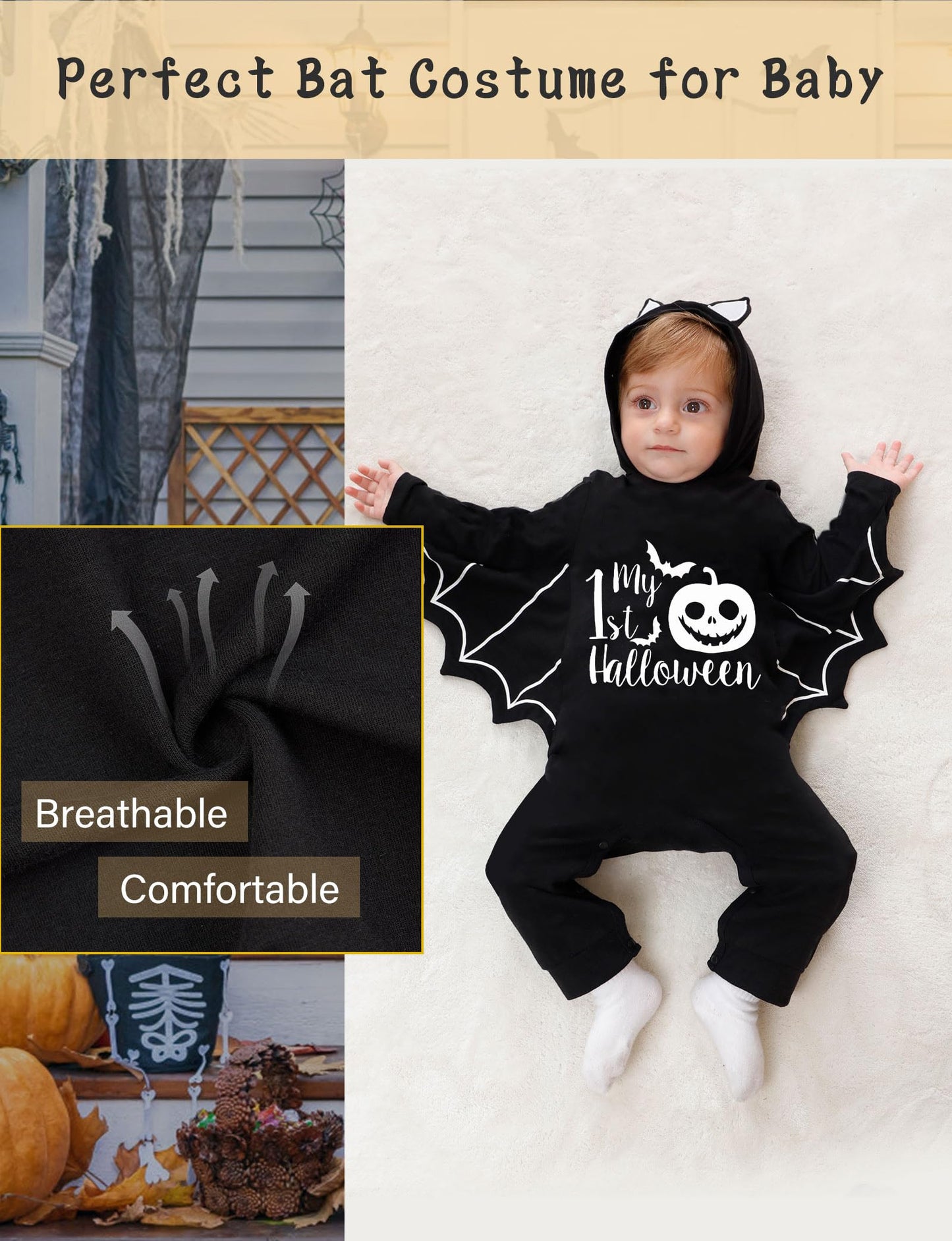 Goodstoworld Baby Halloween Rompers Boy Bat Newborn Gender Neutral Clothes with Hat Girl Glowing Black Bodysuit Stuff For Cosplsy Photography Party