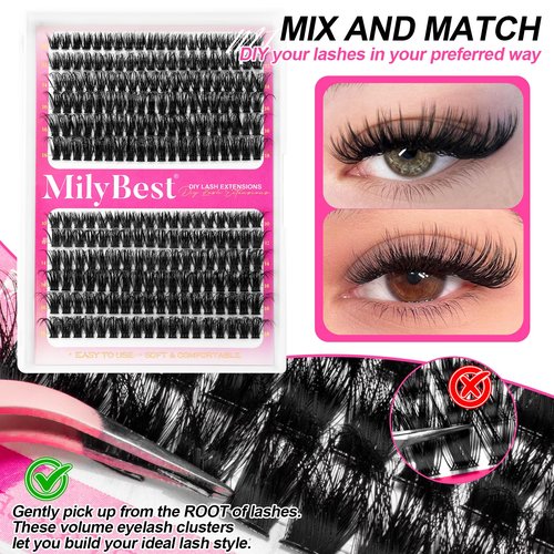 MilyBest Lash Clusters Kit Wispy Eyelash Clusters Lashes 60D 80D Natural DIY Lash Extension Kit 10-18mm Cluster Eyelash Extensions D Curl Individual Lashes Clusters Kit (with Lash Glue, Tweezer)