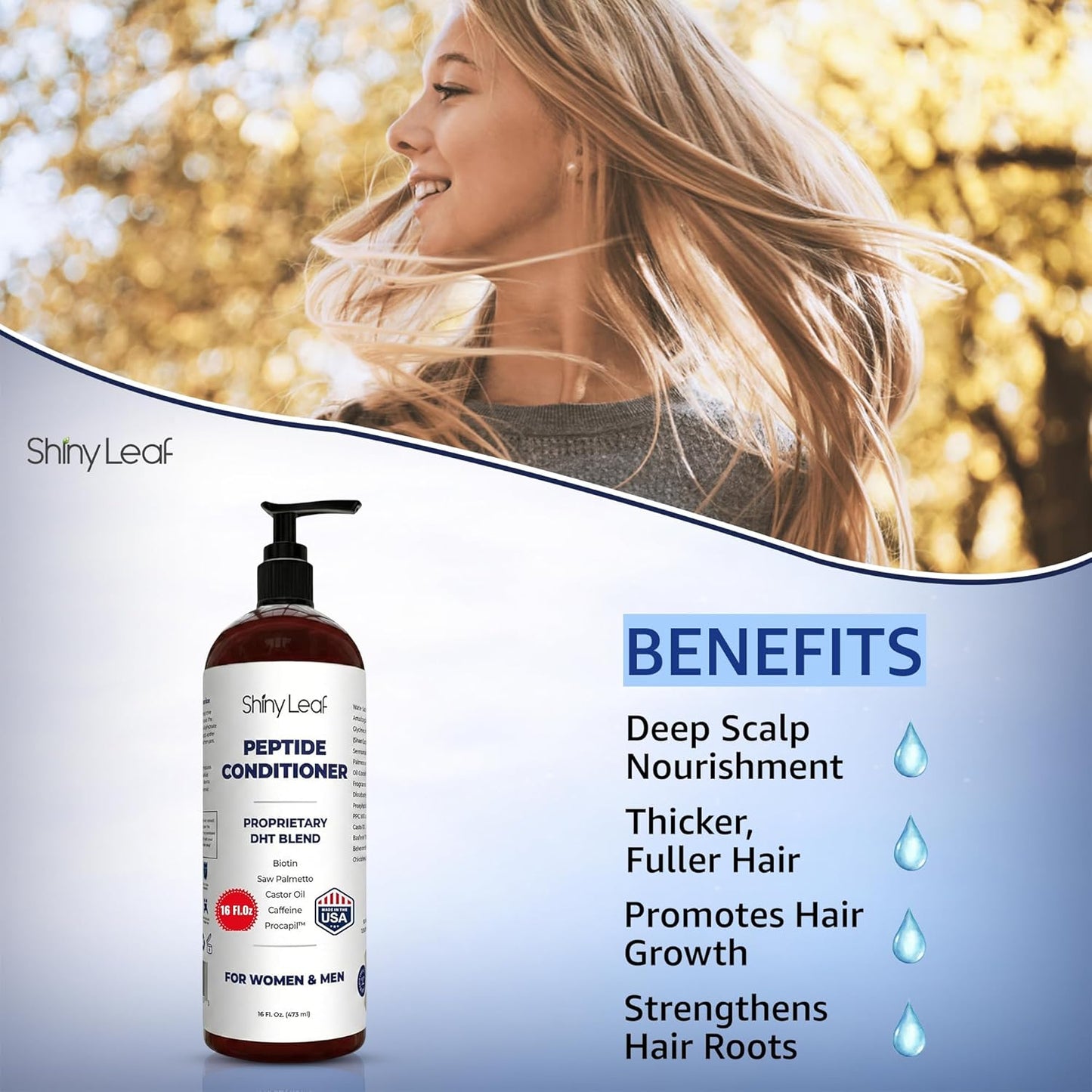 Shiny Leaf Peptide Conditioner - DHT Blocker with Biotin & Caffeine - Sulfate-Free Thickening Formula, 16 fl oz