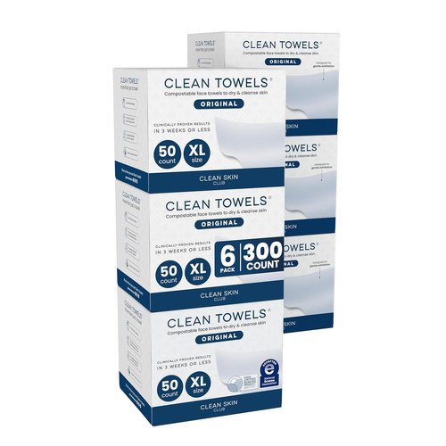 Clean Skin Club Clean Towels XL® - 100% Biobased Disposable Face Towelettes | Ultra Soft, 50 Ct Per Pack, 6 Packs Total
