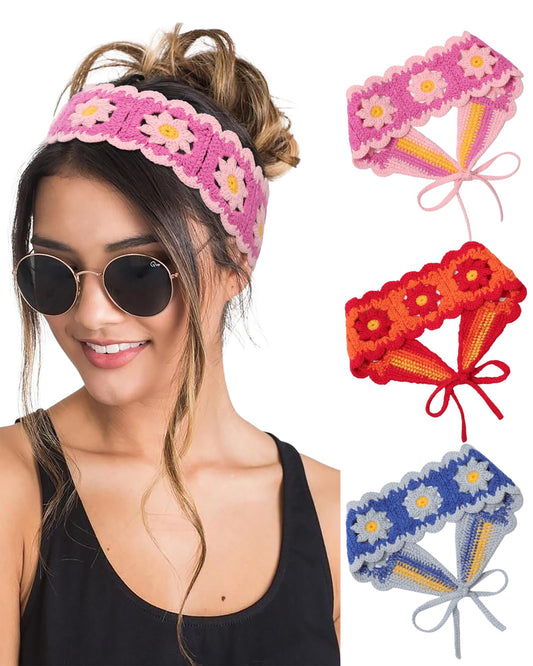 HAIMEIKANG Hippie Hair Bandanas Headbands for Women Boho Headband Knit Hair Bands Floral Head Wrap for Girls(Red+Blue+Pink)