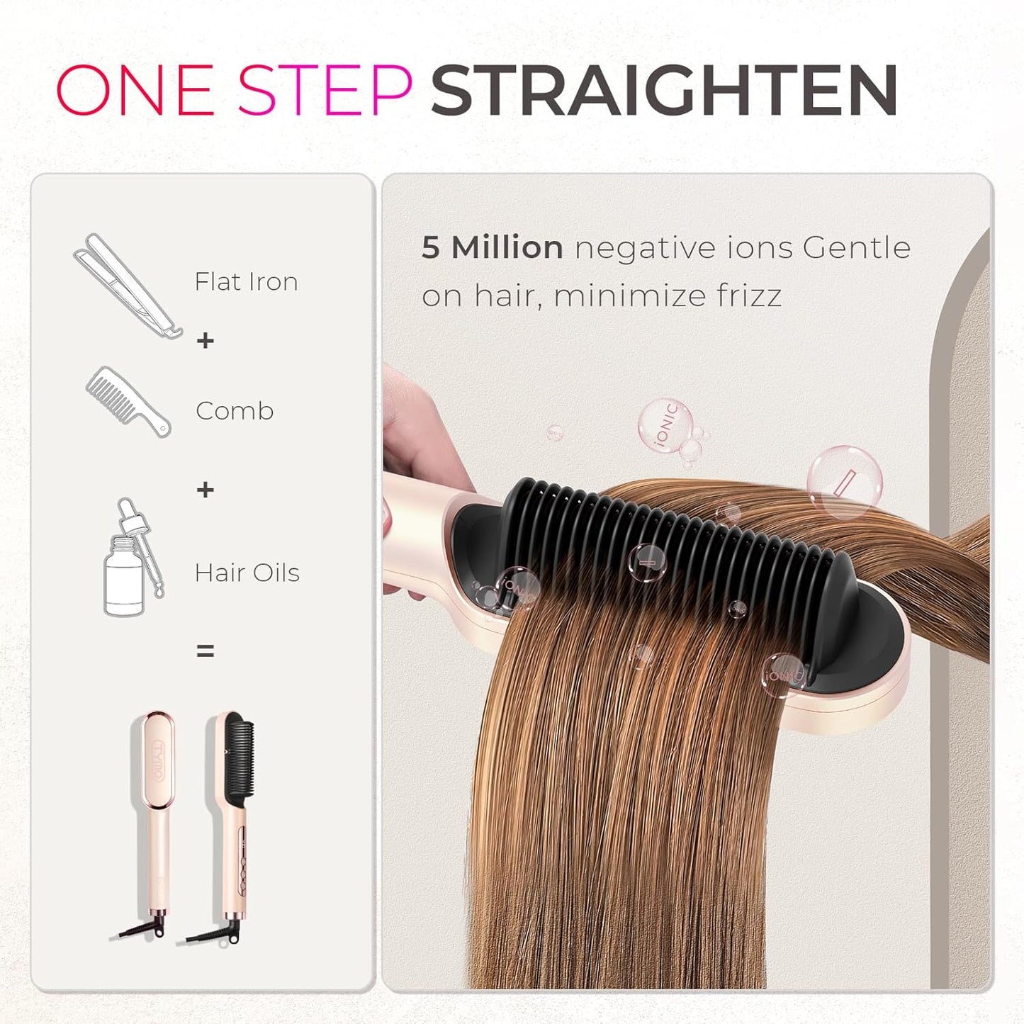 TYMO Ring Plus Ionic Hair Straightener Brush - Professional Styling Tool with 9 Temp Settings & LED Display | Gold Blush