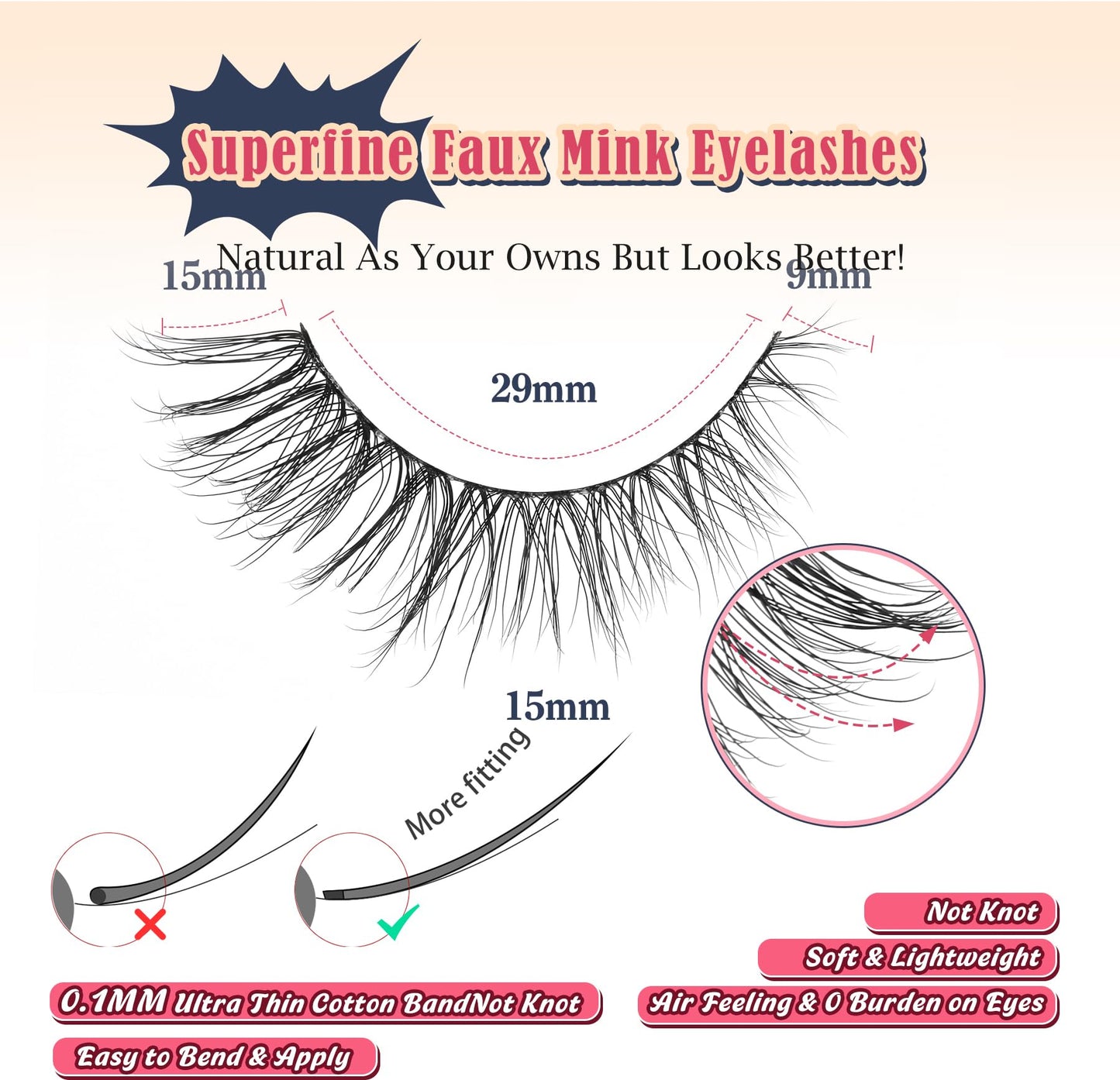 Eyelashes Natural Cat Eye Lashes 15mm Wispy Eyelashes Flared Fluffy Strip Lashes 0.1MM Thin Band False Eyelashes C Curl Lashes Siligli Eye Lashes Pack 7 Pair