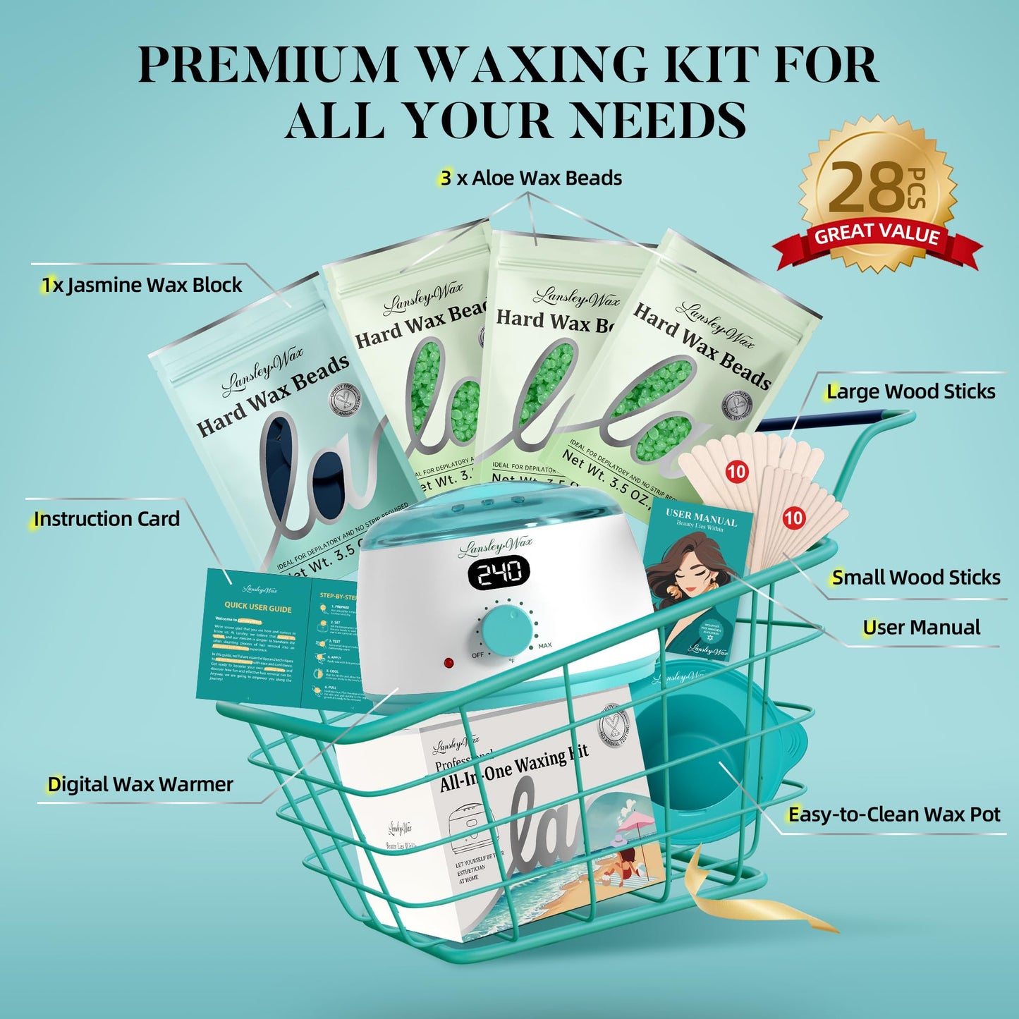 LANSLEYWAX Digital Waxing Kit for Women Men Blue-Green Wax Warmer for Hair Removal with Silicone Pot, Hard Wax Kit, Waxing Machine for Sensitive Skin Brazilian Bikini Leg Eyebrow Full Body Home Use