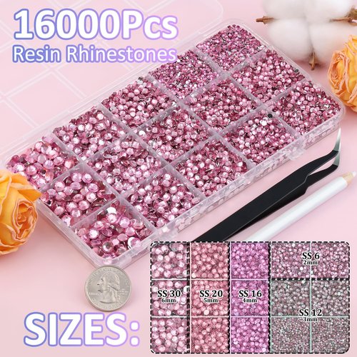 16000Pcs Resin Rhinestones with Tweezers for Crafting, Dark Pink 2-6mm Mixed Sizes Non Hotfix Flatback Gems, Bedazzling Crystal for DIY Crafts Clothing Tumblers Mugs Shoes Fabric Decor Nail Art