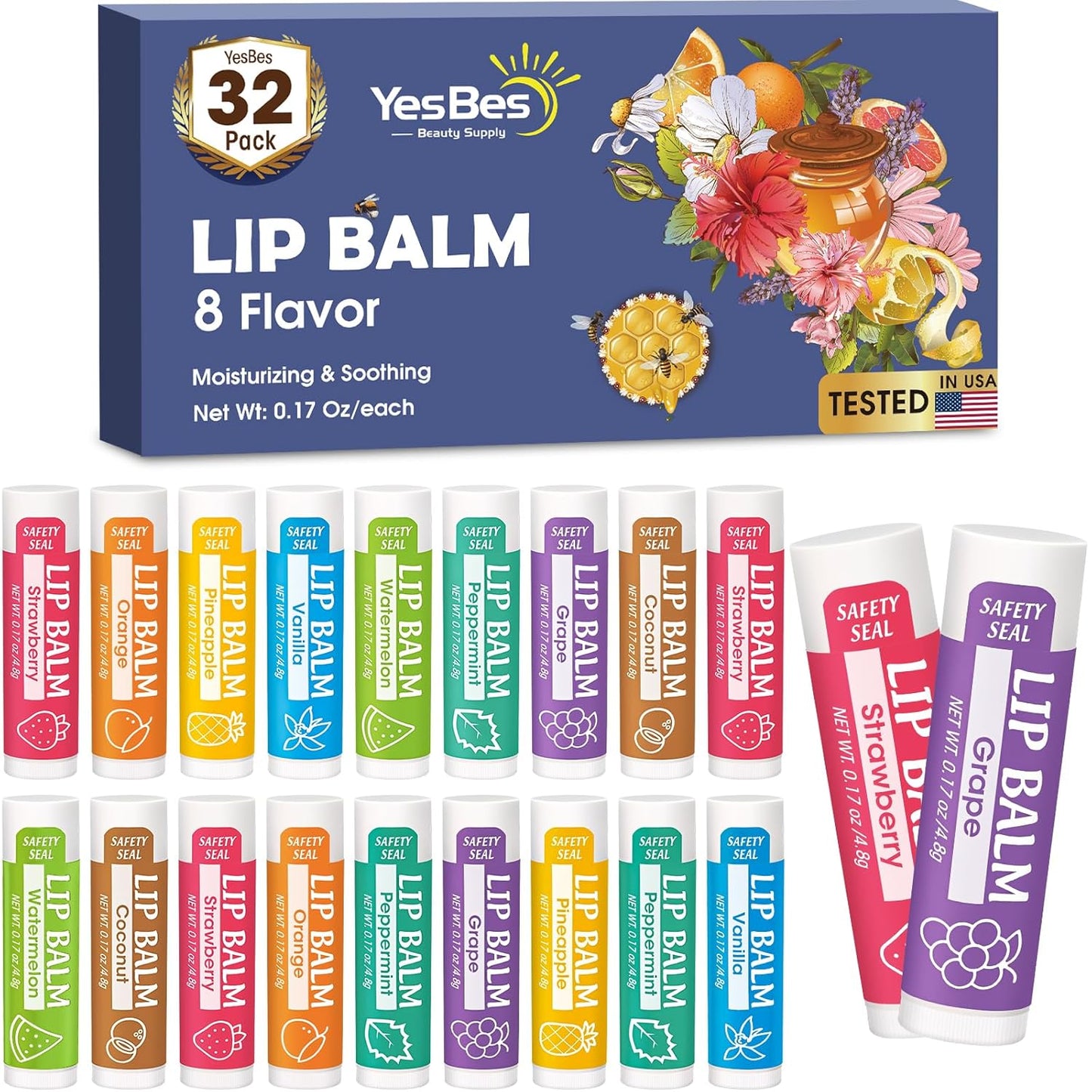 Skiennix 32 Pack Lip Balm | Natural Moisturizing Formula with Vitamin E & Coconut Oil - 8 Flavors for Dry Lips