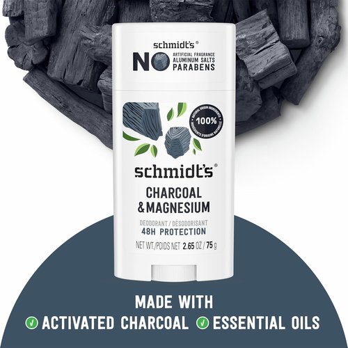 Schmidt's Charcoal & Magnesium Vegan Deodorant - 24 Hour Odor Protection, Natural Ingredients, 2.65 oz