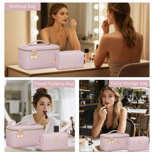 CLOUDWINGS Personalized Initial Makeup Bag Gifts for Women, Large Travel Cosmetic Organizer with Handle & Divider, PU Leather Toiletry Bag for Girls, Birthday Bridesmaid Gift Set - Pink - A