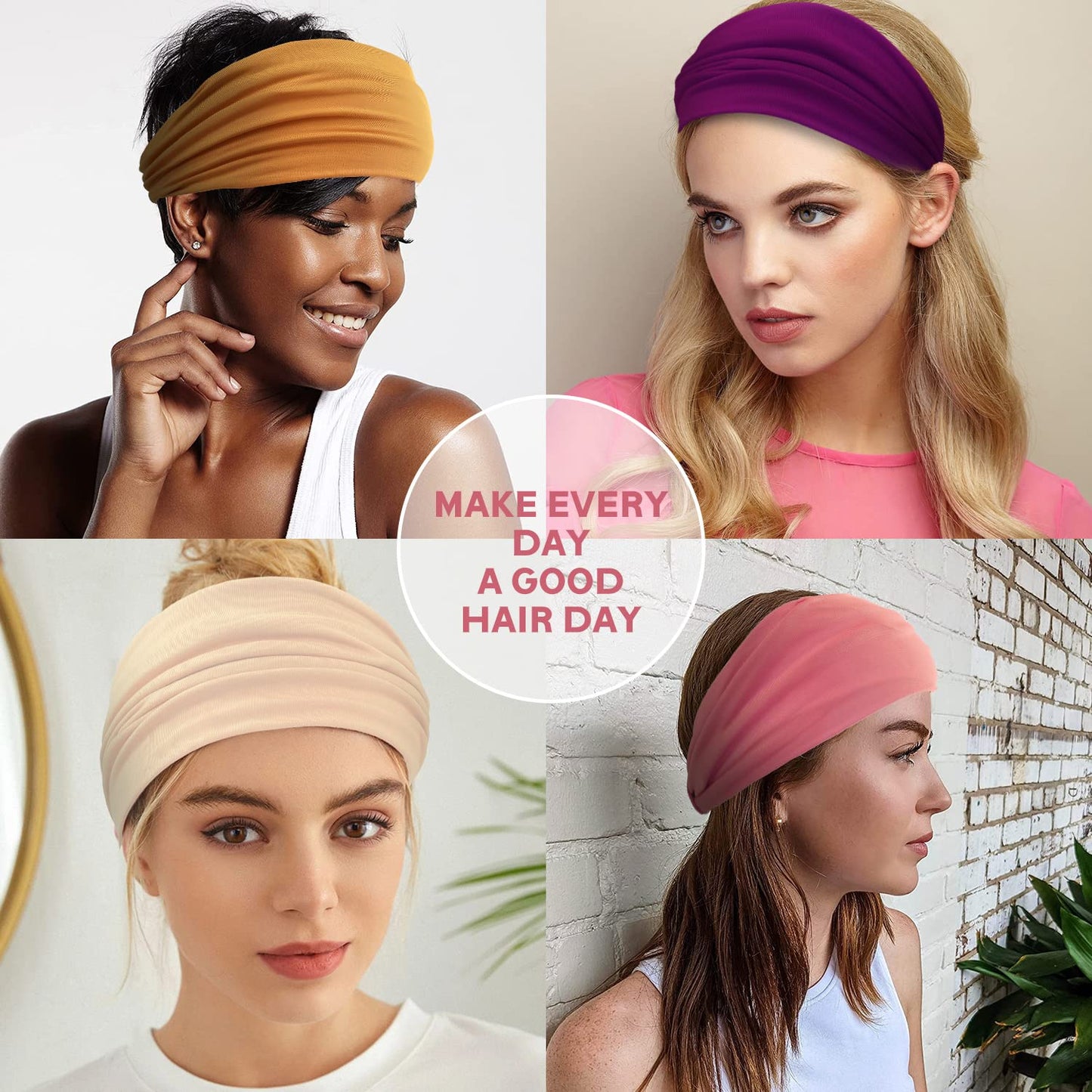 Yeshan Women's Wide Boho Knotted Non-Slip Turban Headwraps - Stretchy Bandeau Hair Bands for Sports, Yoga, Workouts, Pack of 8