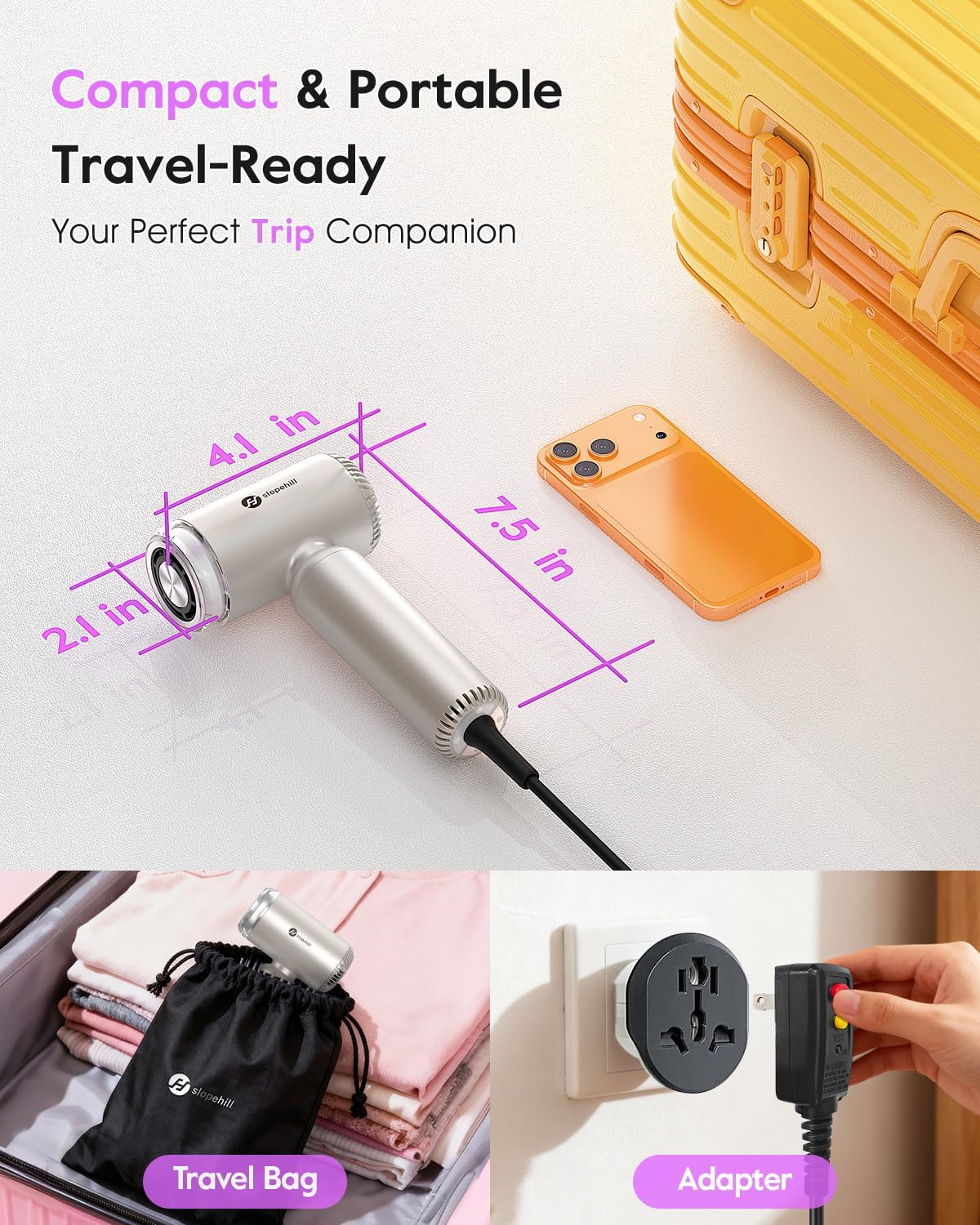 Slopehill Dual Voltage Travel Mini Hair Dryer - Lightweight Ionic Blow Dryer with Magnetic Diffuser | Compact & Quiet, 100-240V