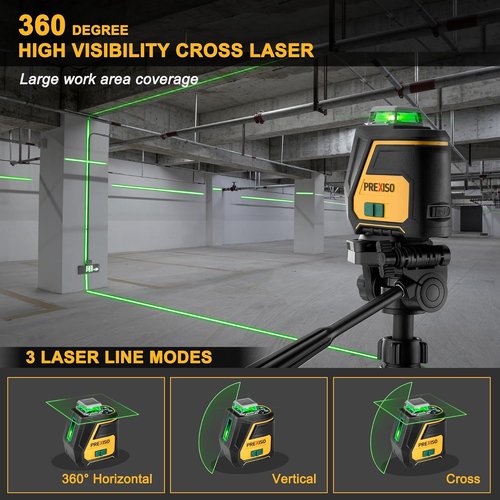 PREXISO 360 Laser Level - Rechargeable IP54 Vertical Line Laser with Tripod | 100Ft Green, 3 Brightness Settings for Construction & Renovation