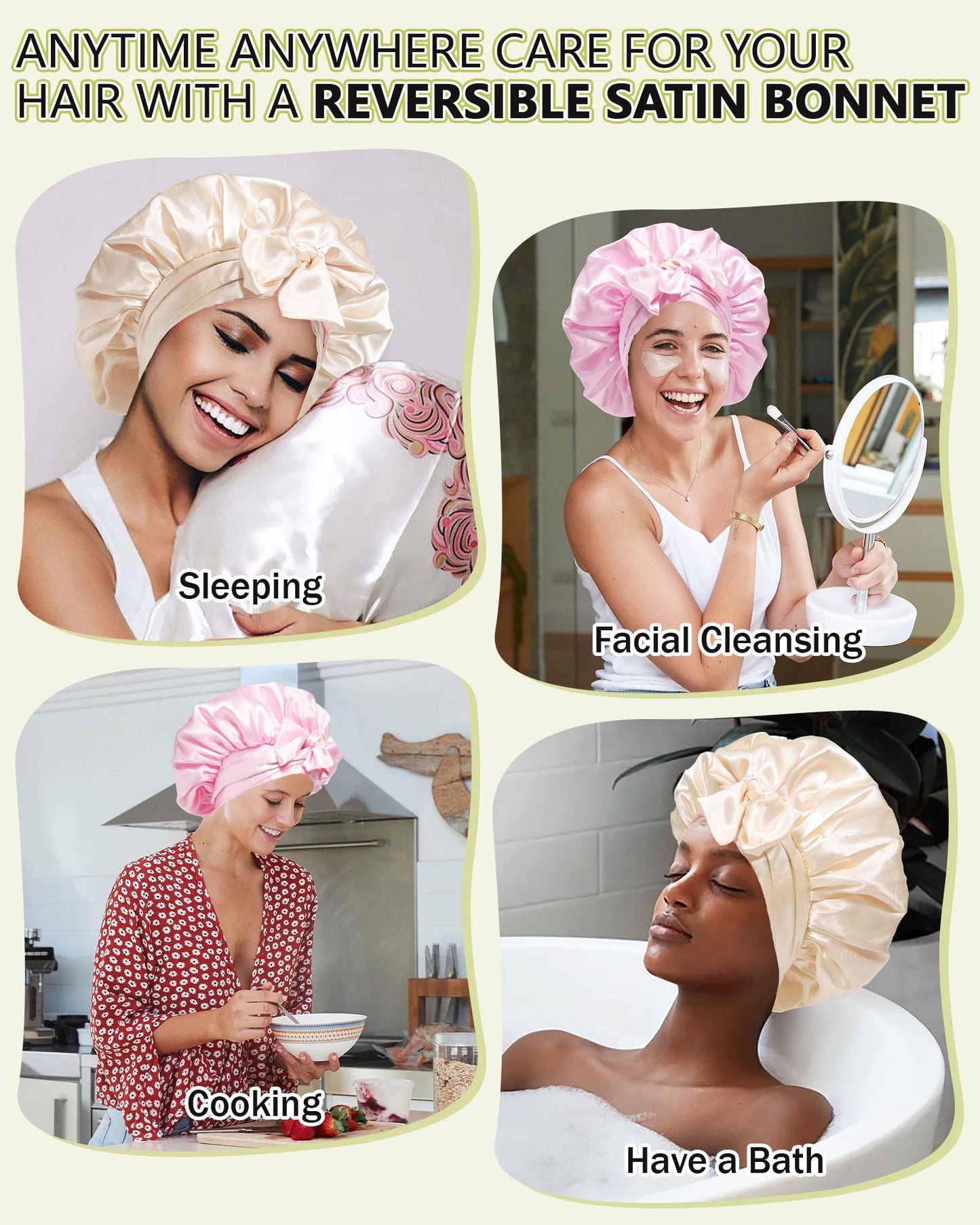 Satin Bonnet Silk Hair Bonnets for Women Curly Hair Wrap for Sleeping Cap Reversible Bonnet with Tie Band Night Cap Double Layer Sleep Cap for Curly Hair (Champagne +Pink)