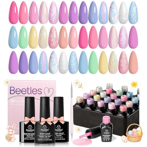Beetles Spring Gel Nail Polish Set - 24Pcs Pastel Pink Purple Pearl Blue Shimmer Chameleon Green Colors Gel Nail Kit 3Pcs Base Top Coat Double-ended Brush Soak off UV Nail Easter Gifts for Women