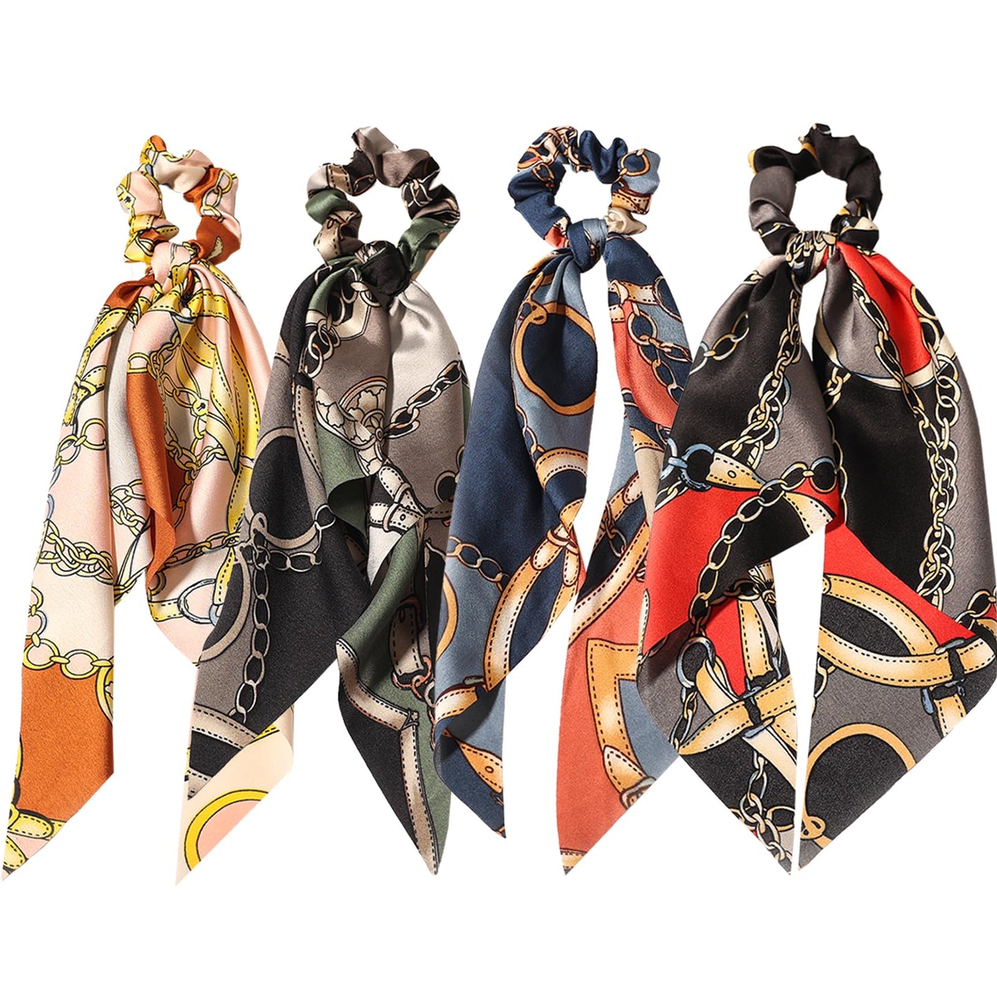 LFOUVRE 4pcs Chain Satin Hair Accessories - Ribbon Scrunchies with Long Tails, Knotted Hair Bands and Elastic Ties for Girls