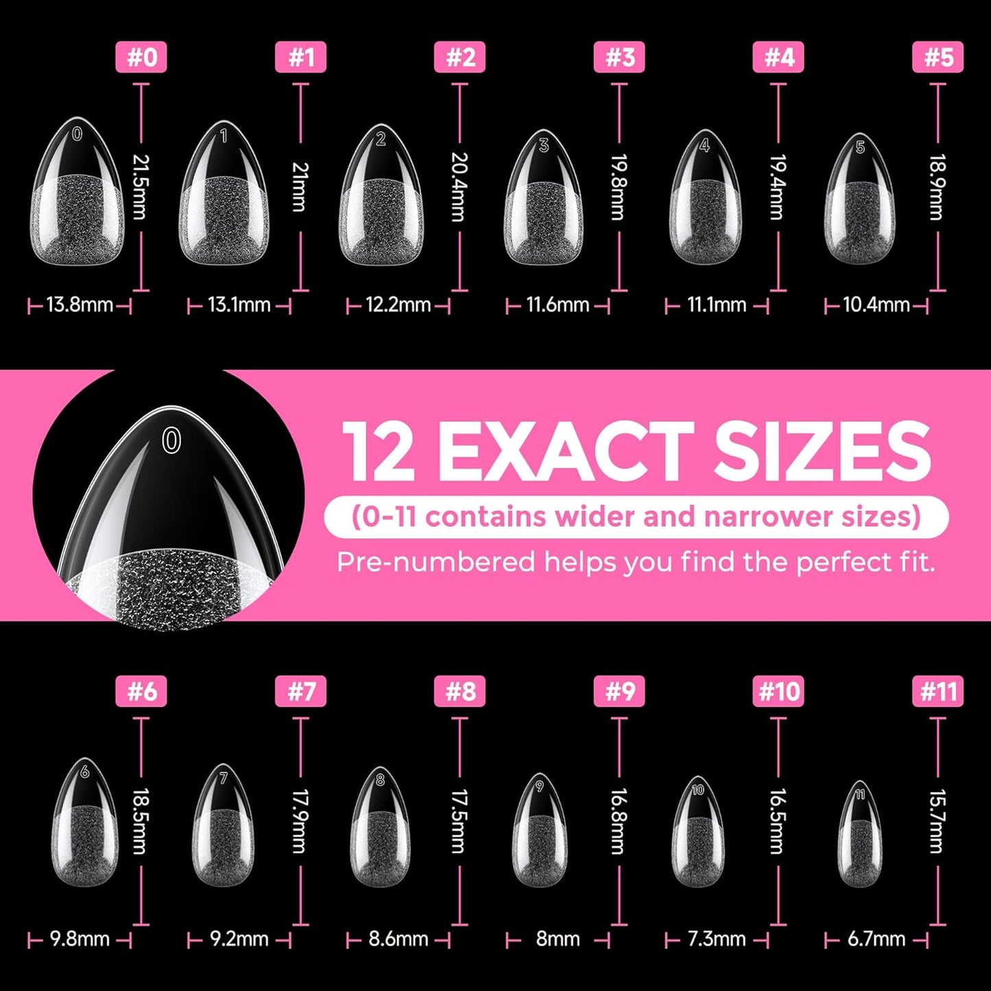 UNA GELLA Short Almond Fake Nails - 216pcs Pre-Shaped Gel Acrylic Tips for Full Cover Extensions | 12 Sizes