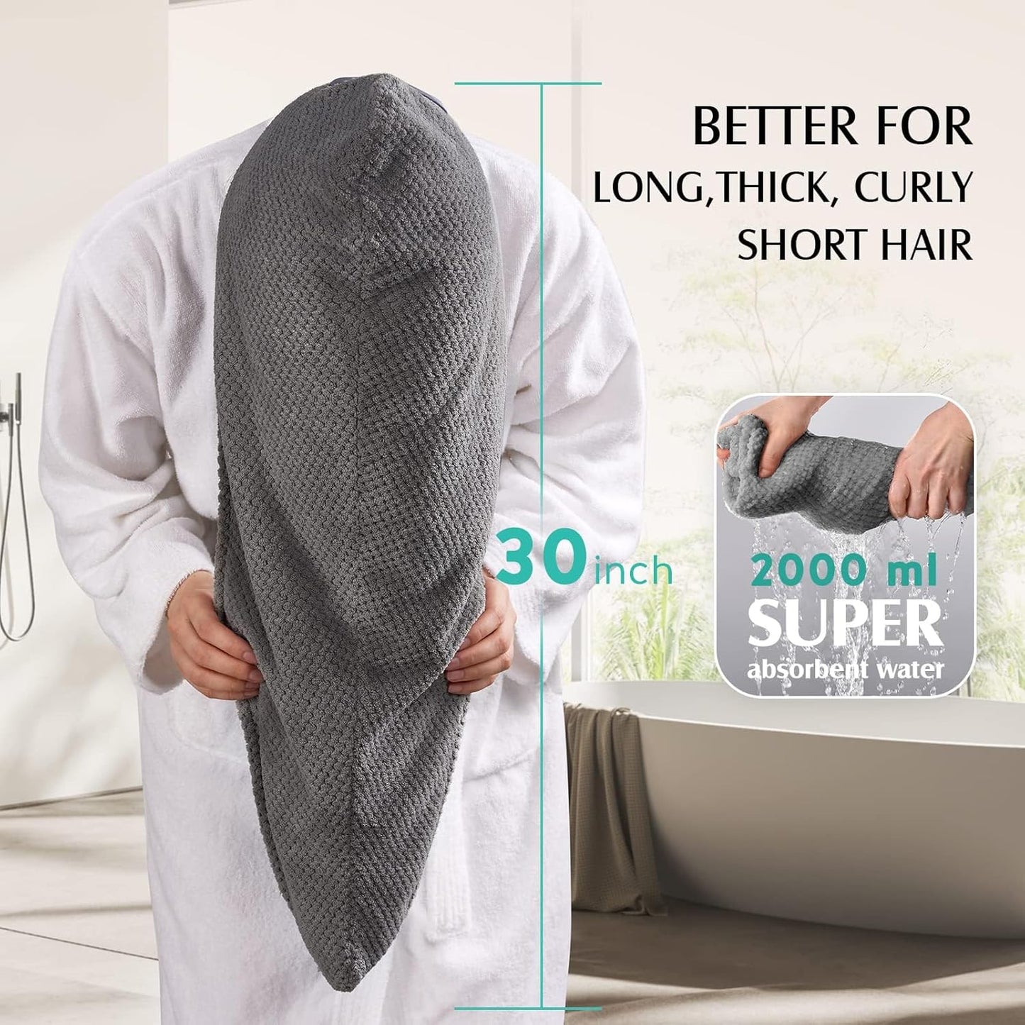 YFONG Microfiber Hair Towel Wrap - 3 Pack Quick Dry Anti-Frizz Turbans for Long, Curly Hair | 30" x 10" (Grey, White, Camel)