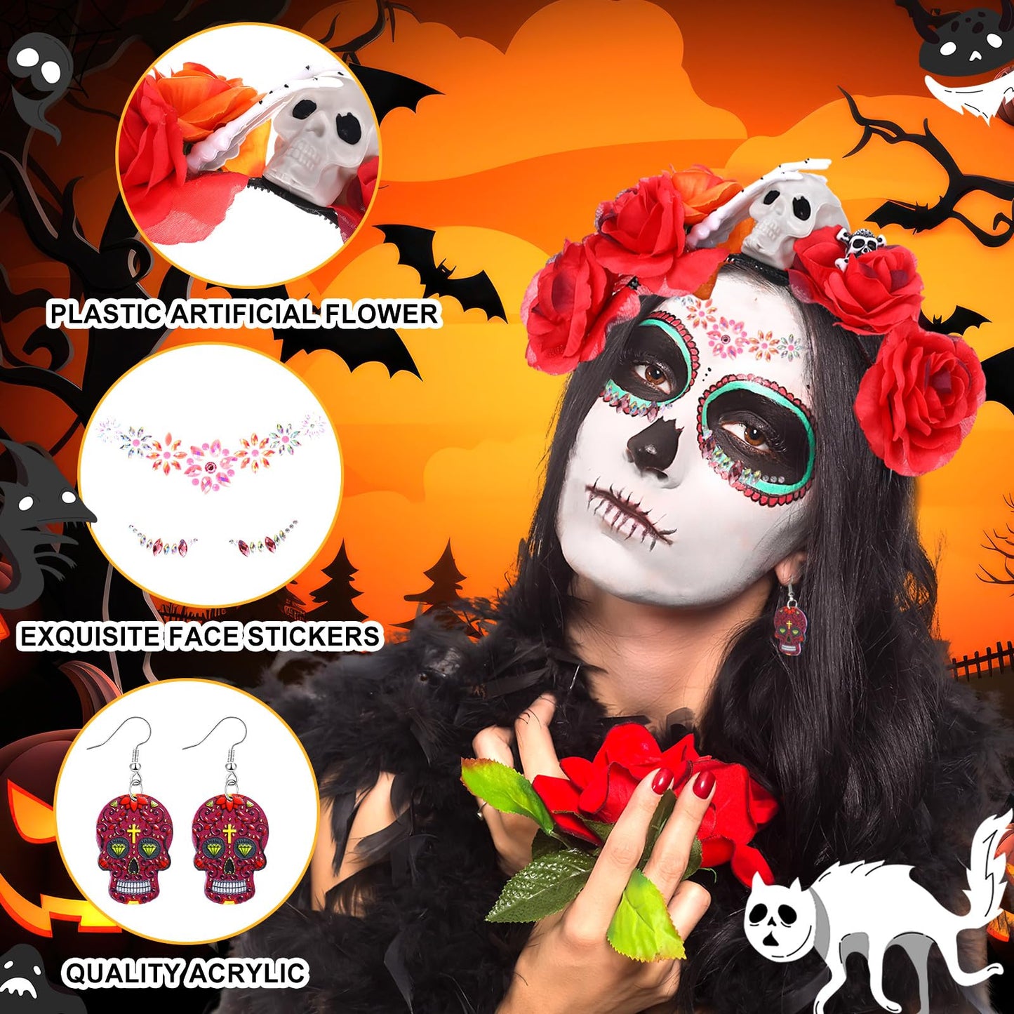 Riceshoot 3 Pcs Day of the Dead Costumes Accessories for Women Halloween Headbands Skull Earrings Gems(Dark Red Hue)