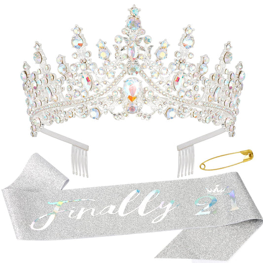 Canitor 21st Birthday Sash and Tiara Set 21st Sparkling Birthday Crown Dazzling Birthday Sash 21st Birthday Decorations 21st Birthday Gifts for Her AB Silver