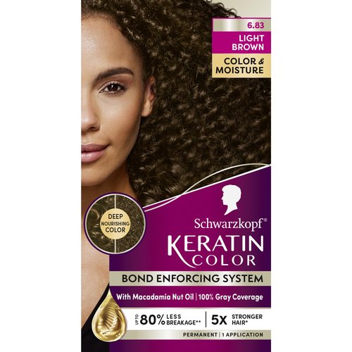 Schwarzkopf Keratin Permanent Hair Dye Cream, 6.83 Light Brown, Professional Quality Color for Up to 100% Gray Coverage, Bond Enforcing System