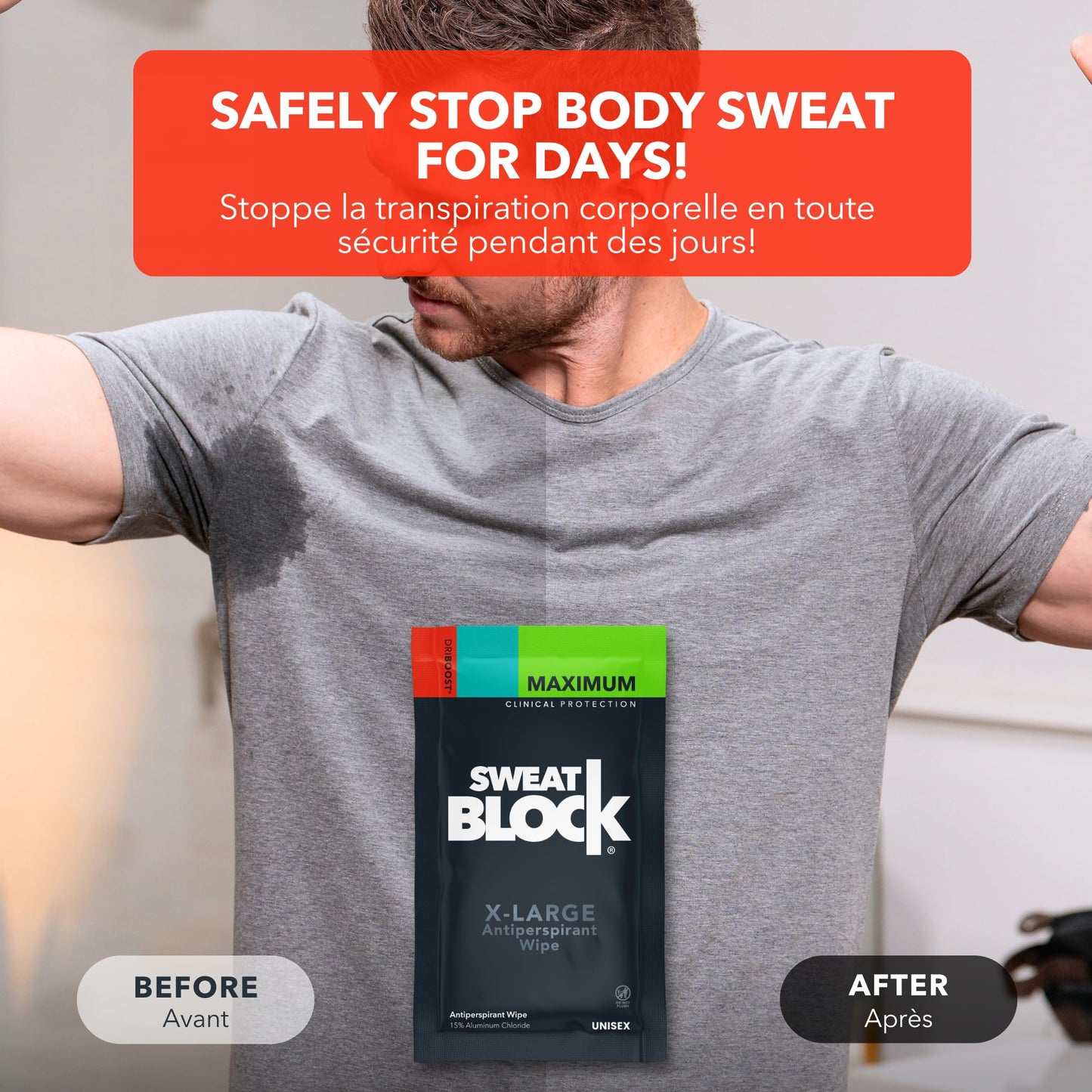 SweatBlock Antiperspirant Body Wipes for Men & Women - Max Clinical Strength Anti Sweat Wipes - Block Sweat & Treat Hyperhidrosis - 10 Unscented Wipes