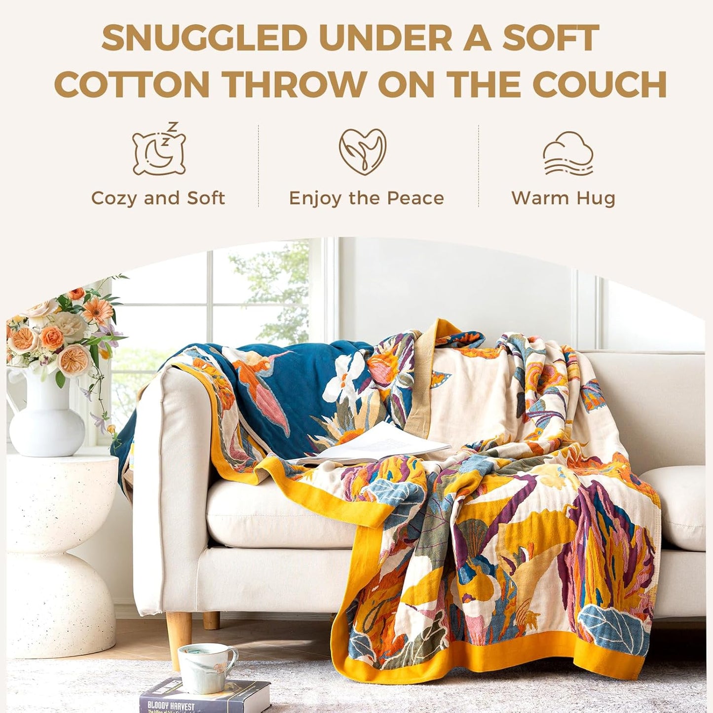 Skiennix Boho Throw Blanket - 100% Cotton, Soft & Breathable, Floral Embroidery | 50"x60" Reversible Sofa Decor