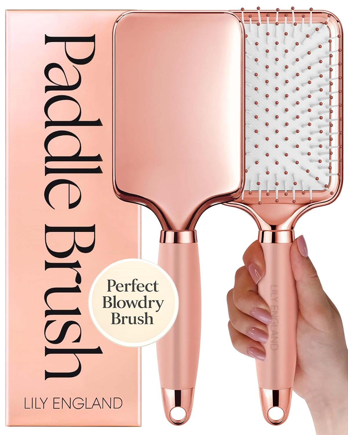 Lily England Paddle Hair Brush - Professional Detangling & Blow Drying Tool | Rose Gold-White Design