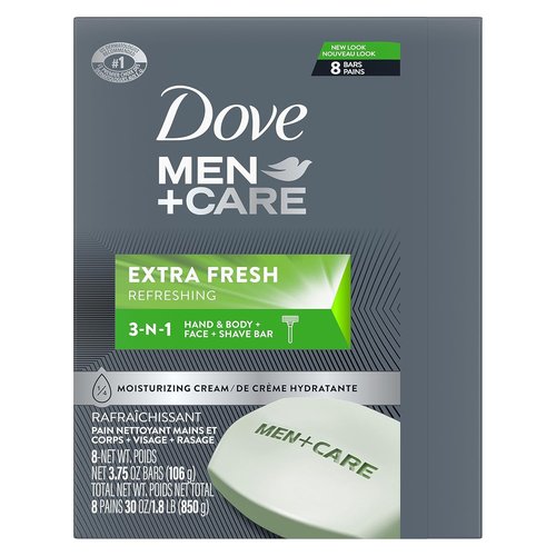 DOVE MEN + CARE 3-in-1 Bar Cleanser - Extra Fresh Body, Face & Shaving Formula | 3.75 Ounce (Pack of 8)