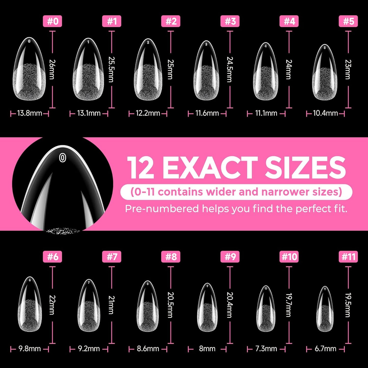 UNA GELLA Almond Nail Tips 216pcs Medium Almond Press on Nails Pre-shape Gel Fake Nails for Full Cover Acrylic French False Nails For Nail Extension, DIY Salon 12 Sizes Gelly Tips