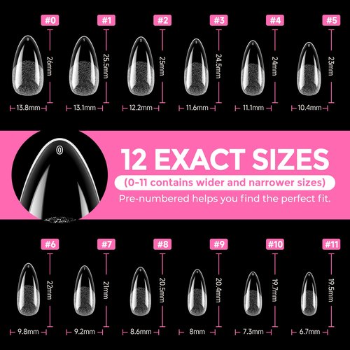 UNA GELLA Almond Nail Tips 216pcs Medium Almond Press on Nails Pre-Shape Gel Fake Nails for Full Cover Acrylic French False Nails for Nail Extension, DIY Salon 12 Sizes Gelly Tips