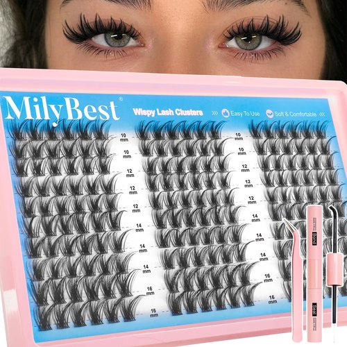 MilyBest Lash Clusters Kit Wispy Eyelash Clusters Lashes Natural DIY Lash Extension Kit 10-16mm Cluster Eyelash Extensions Kit 180pcs CC Curl Individual Lashes with Bond and Seal Tweezers