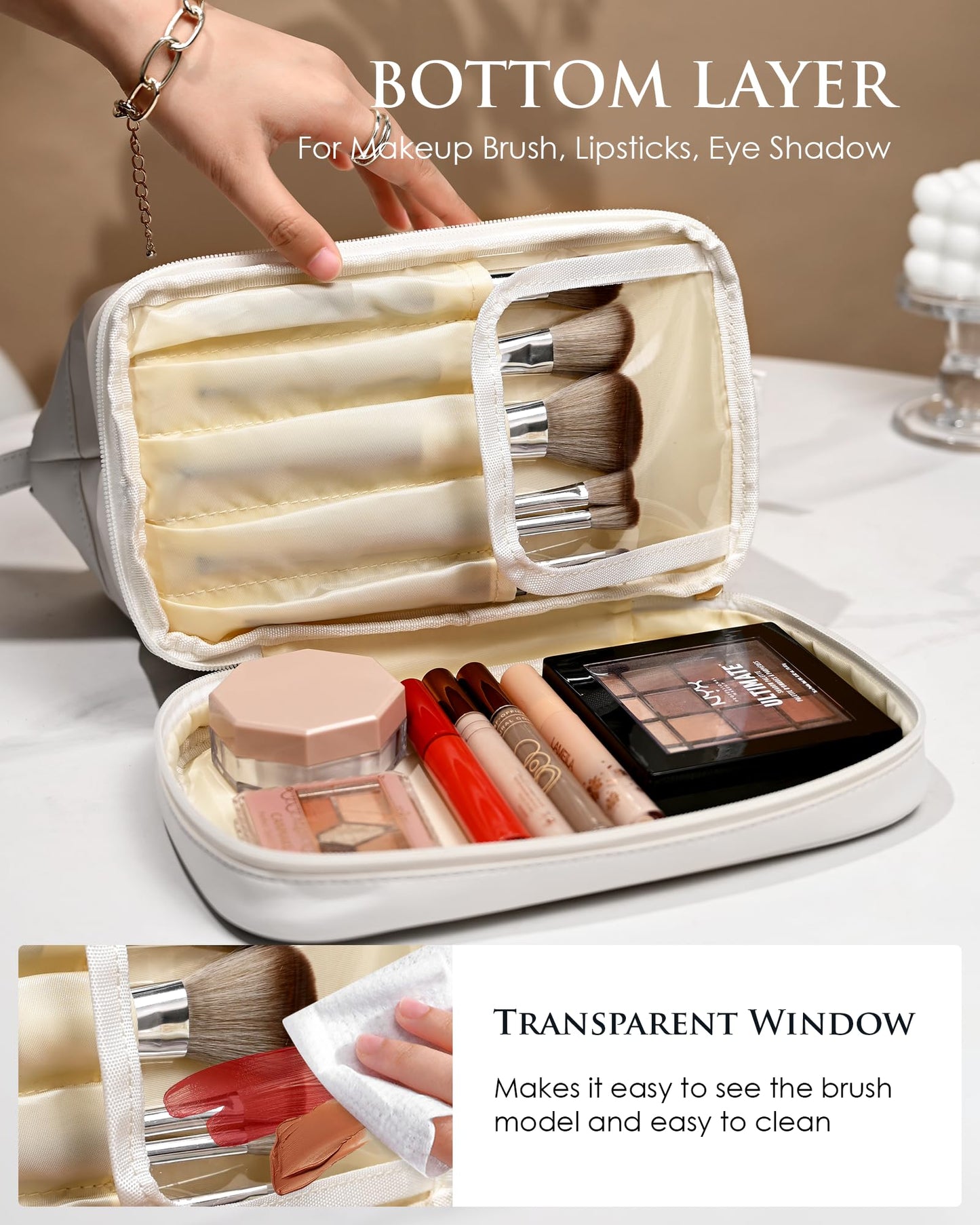 Vogewood Gifts for Women, Initial Large Makeup Bag, Travel Essentials, Personalized Double Layer Cosmetic Bag with Makeup Brush Organizer, PU Leather Travel Toiletry Bag, Gifts for Friends Female Mom