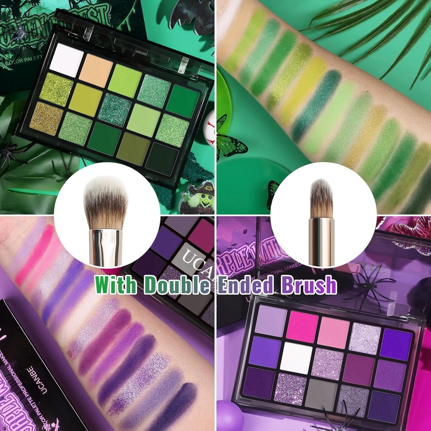 UCANBE Eyeshadow Palette Set - 2pcs Green & Purple Shimmer Matte Metallic Colors | Includes Soft Brush for Halloween Cosplay