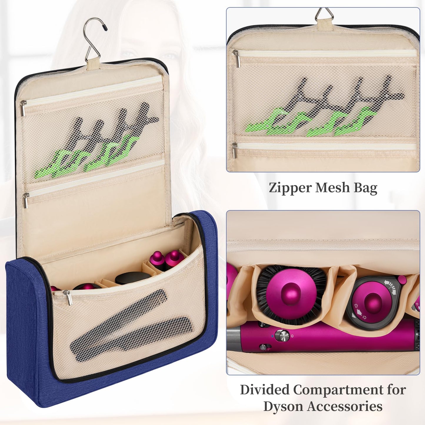 WELIDAY Travel Storage Bag Compatible with Dyson Airwrap Styler, Portable Travel Organizer for Hair Curler and Attachment with Multi-pockets (Front Open Design, Blue)