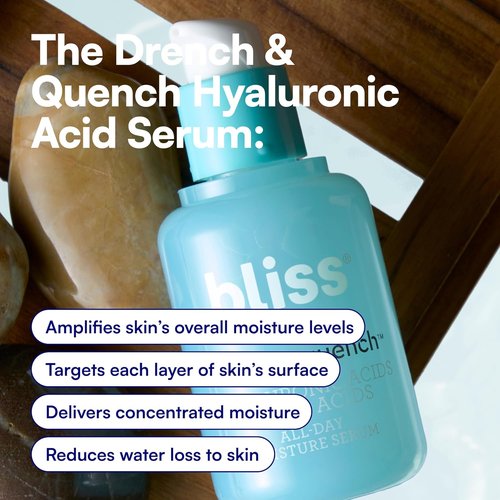 Bliss Drench & Quench Hyaluronic Acid Serum - Deep Hydration & Plumping for Dry, Sensitive Skin - 1 Fl Oz