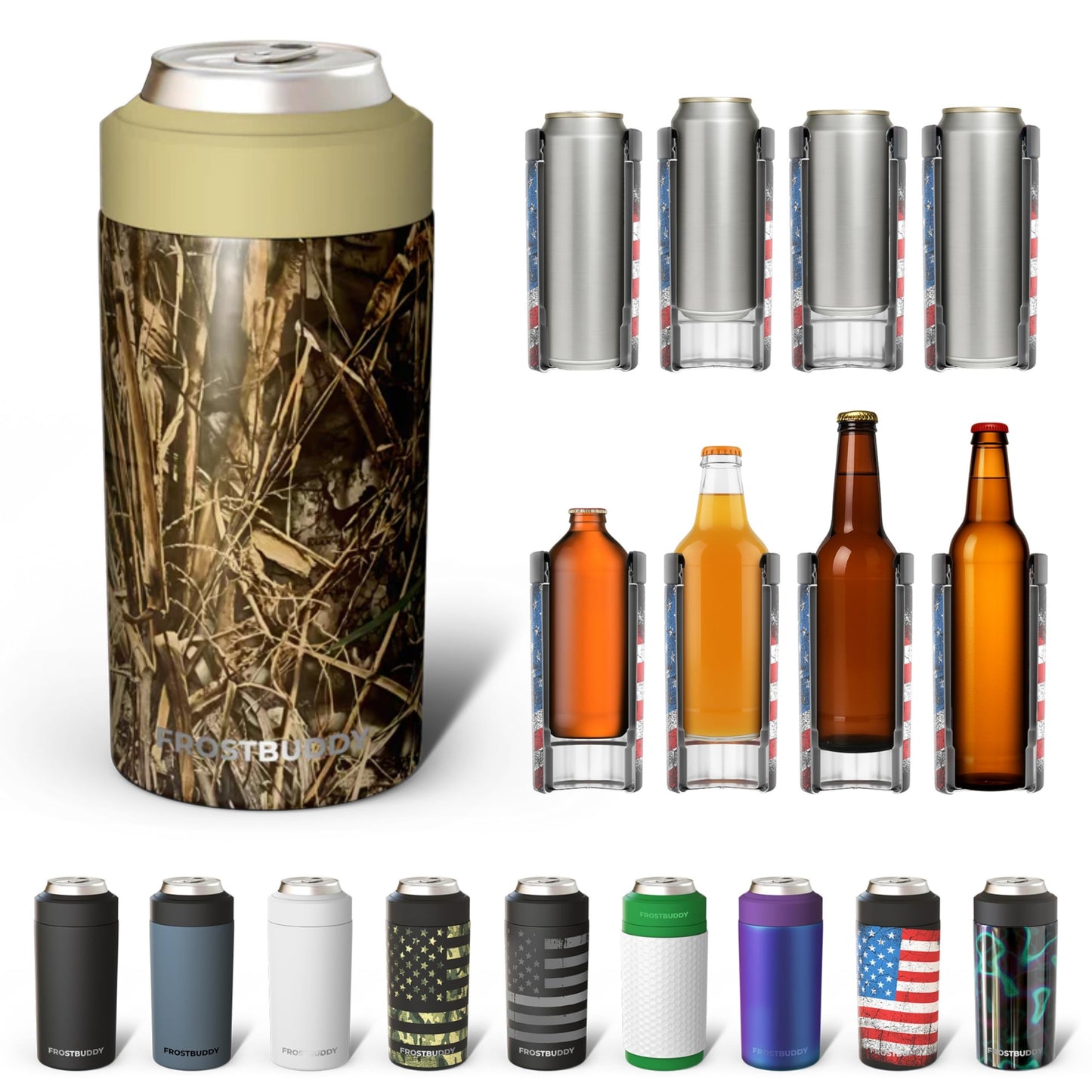 Frost Buddy Universal Buddy Can Cooler - Fits All - For Regular 12 & 16 oz or Slim-Size Bottles - Insulated Double -Walled Stainless Steel (All white)