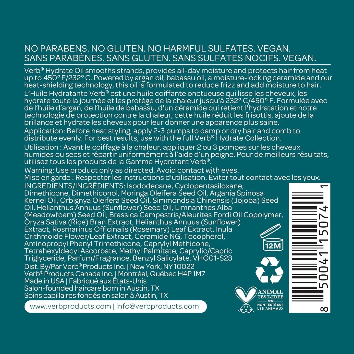 VERB Hydrate Oil - Moisturizing Formula for Shine & Frizz Control - Heat Protection - Amber & Warm Jasmine Scent